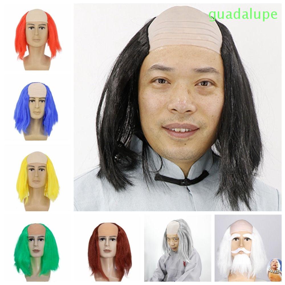 Guadalupe1 Funny Bald Wig Props Colored Old Man Bald Wig Party Cosplay Straight False Fluffy