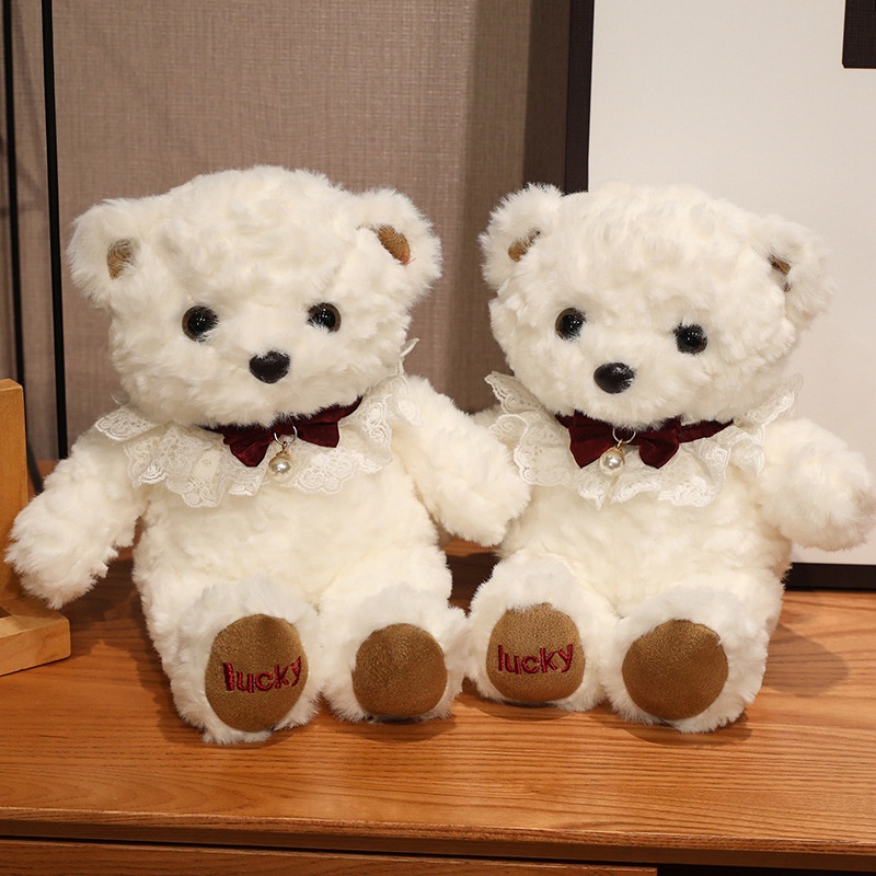 Kawaii Pure White Teddy Bear with Red Bow Plush Toys Cute Stuffed Bear ...