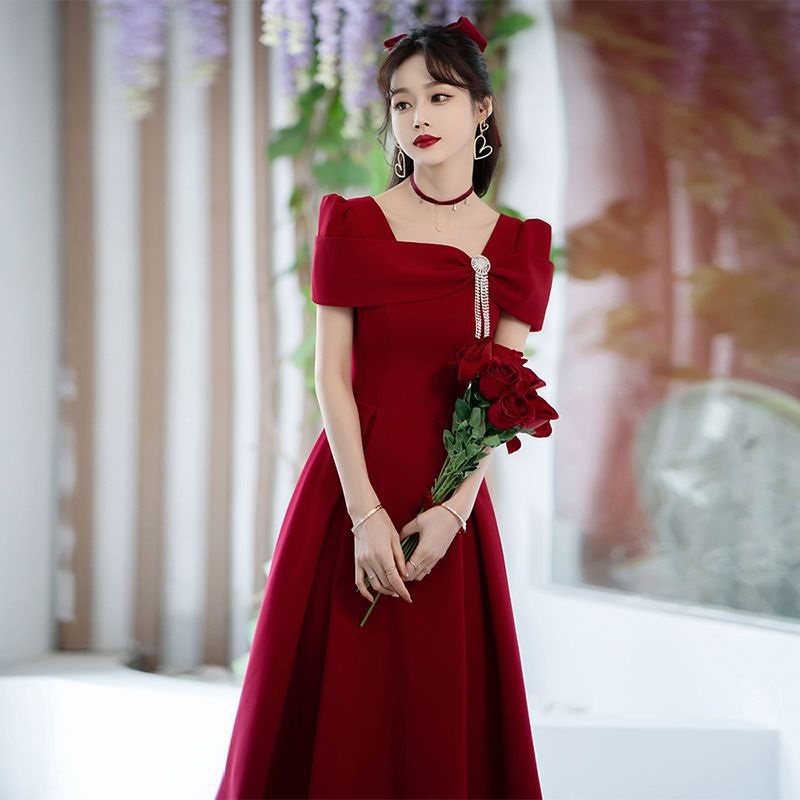 Wine Red Wedding Cocktail Dress Temperament Short Sleeve Square Neck ...