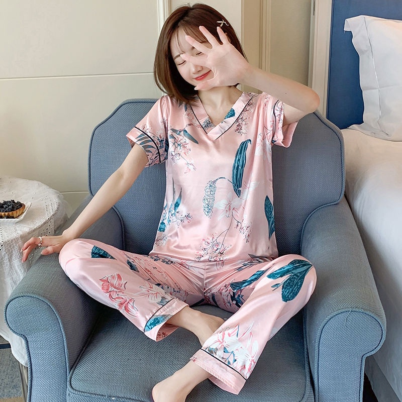 Ready Stock Ice Silk Pajamas Women Summer Short Sleeved Trousers Satin