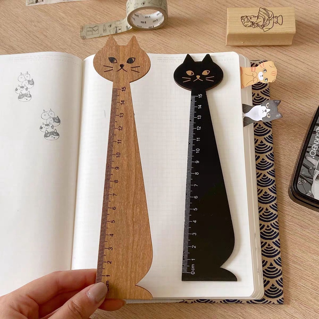 15cm Lovely Cat Straight Ruler Cartoon Wooden Painting Measuring Tools ...