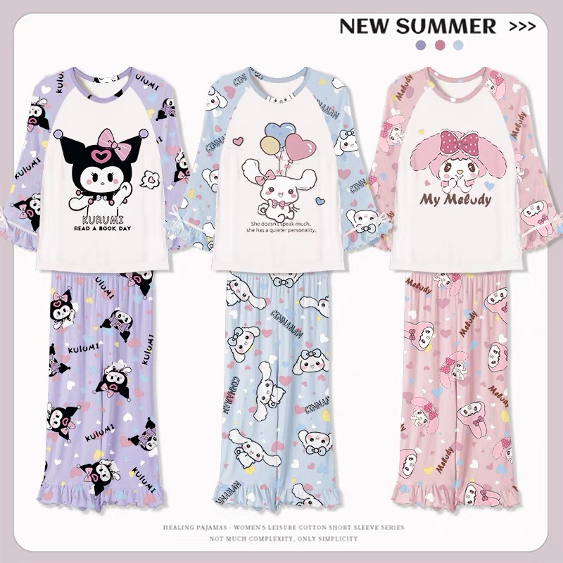 Sanrio Girls Pajama Suit Cinnamoroll Kuromi Long-Sleeved Nightwear ...