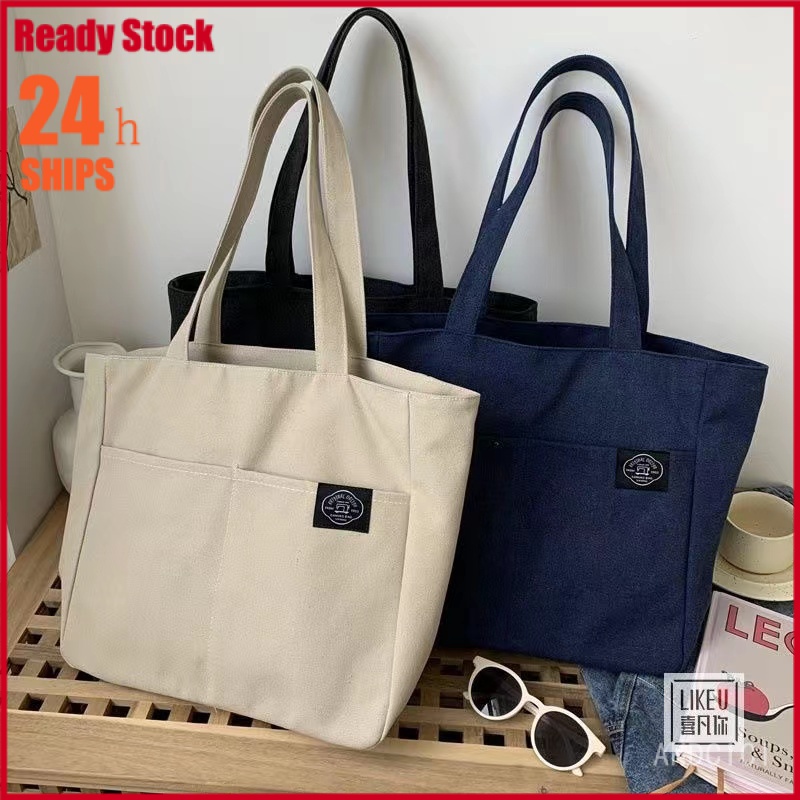 Korean Canvas Bag Tote Bag Multiple Pockets Large Capacity Student ...