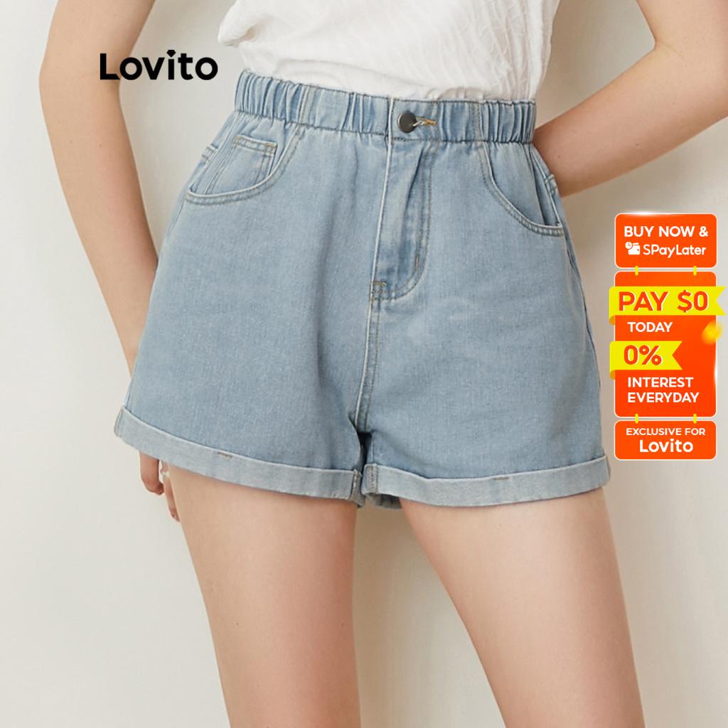 Elastic waist rolled hot sale hem denim shorts