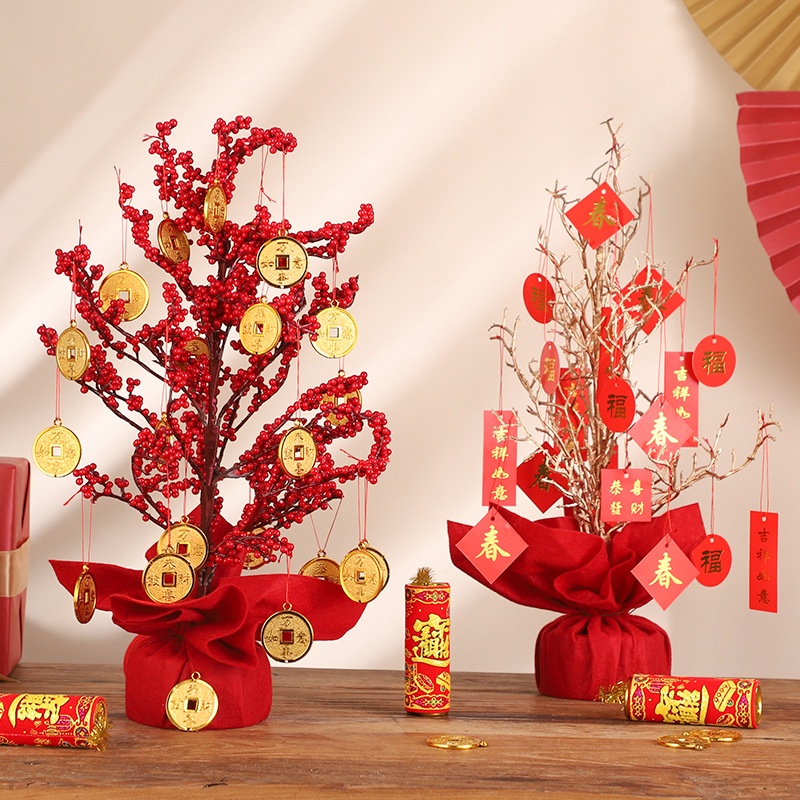 CNY New Year Decorations Red Berries Tree, 50cm Small Table Top ...