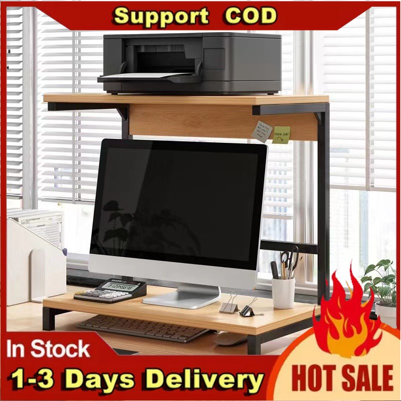 Computer Desk Stand with Printer Double Layers Wooden Monitor Stand ...