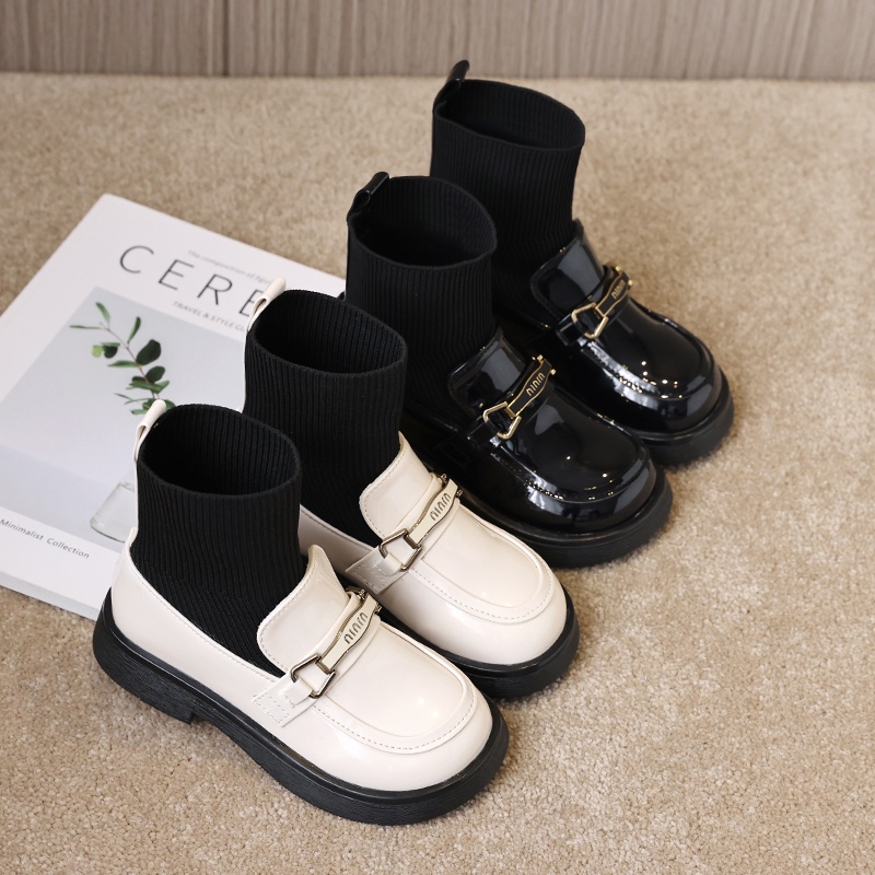 Children Fashion Girls Boots Versatile Soft Glossy Beige Black UK Uniform School Shoes 2023