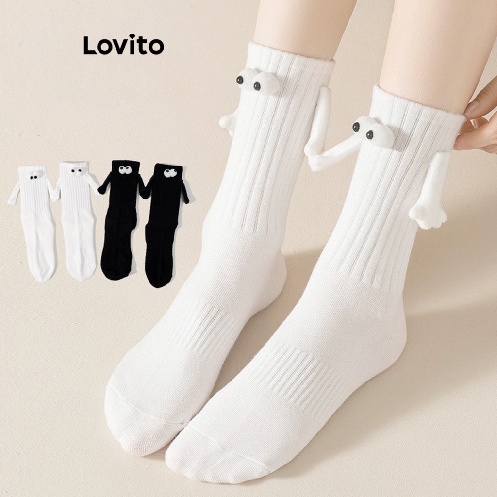 Lovito Women Basic Socks LNA29526 (White/Black and White/Black ...