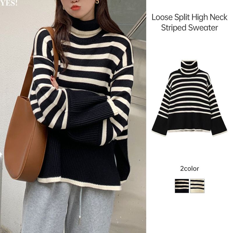 Long Sleeve High Neck Stripe Sweater Top