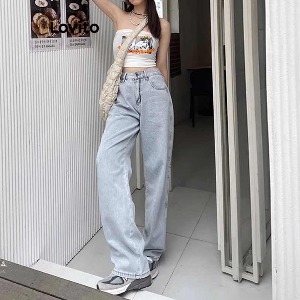 Lovito Women Wide Leg Basic Y2K Jeans LNA21022 (Light Blue) | Shopee ...