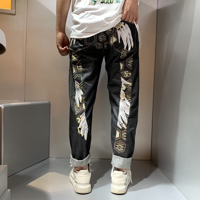 Dragon Embroidery Baggy Jeans, Men's Casual Street Style Wide Leg Denim  Pants