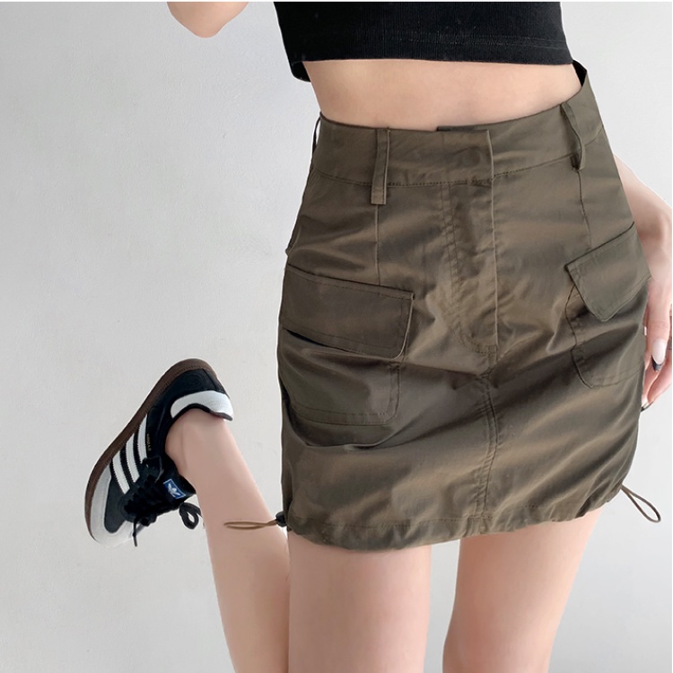 BH American women vintage cargo skirt side pocket pull rope A line bag hip skirt