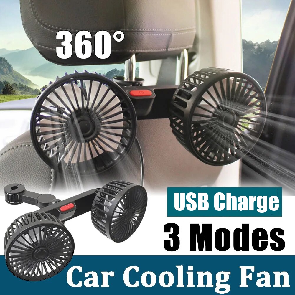 Car Electric Fans 360 Degrees Rotata Cooling Rear Fans Doubleheaded USB 3 Speeds Universal