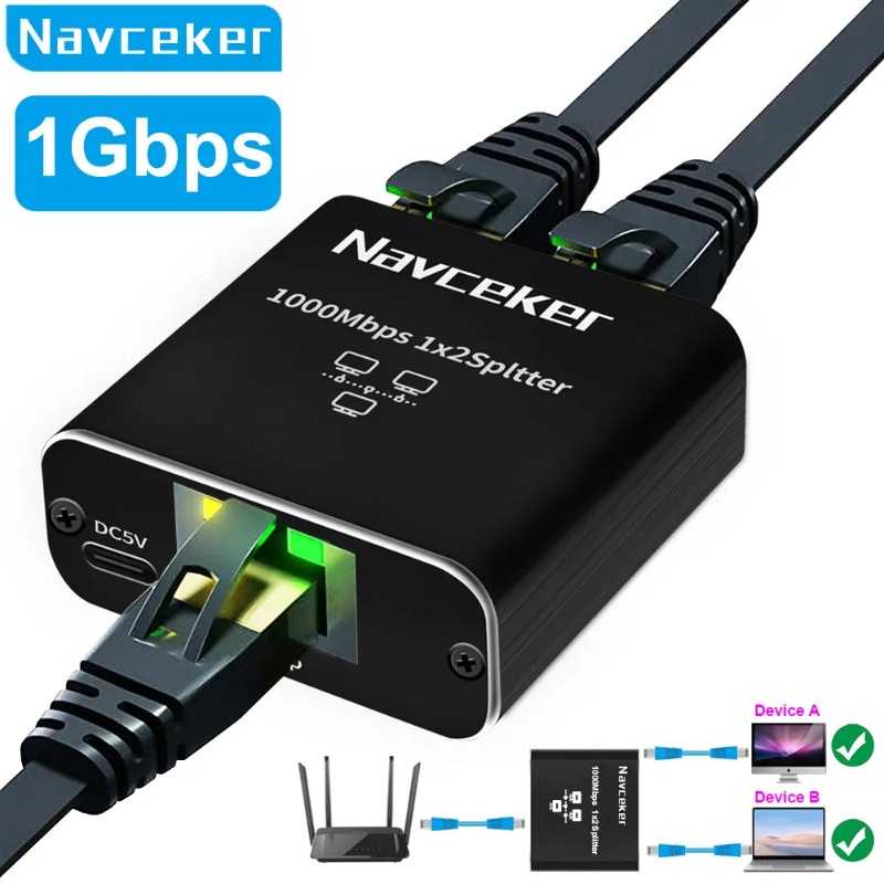 Navceker 1 Gb RJ45 Splitter Connector Adapter 1 to 2 Ways Lan Ethernet ...
