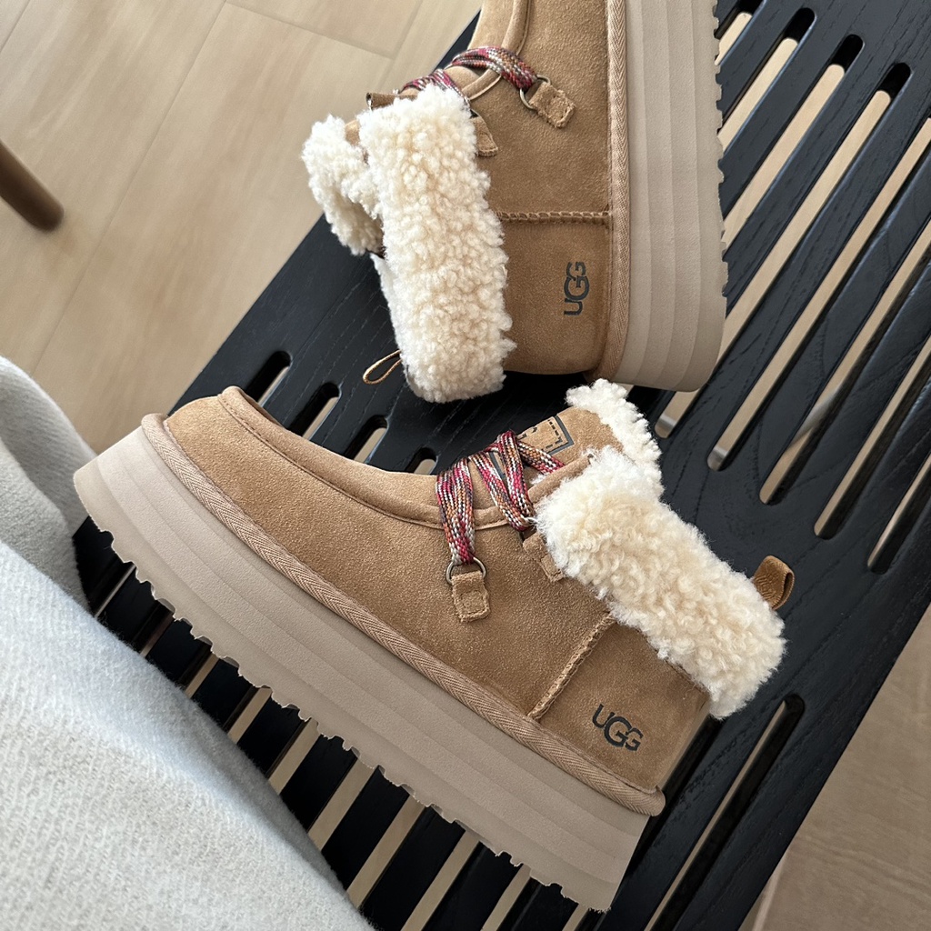 Ugg Fukala Fur Shoes Coffee Color Dark Red Shoelaces Fur One-Piece Lace ...