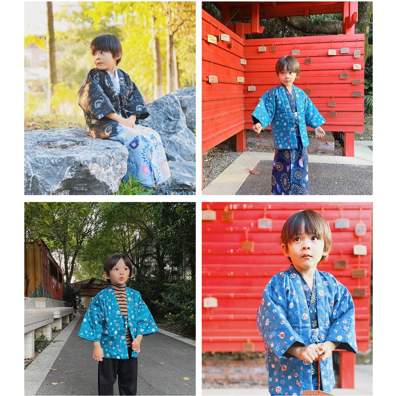 C2 Children Kimono Autumn Winter Boys Quilted Kimono Half-wrapped Haori 