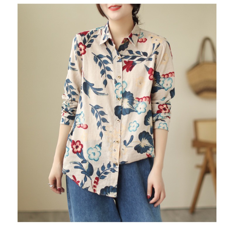 Floral Blouse Women Office Wear Cotton Linen Vintage Floral Shirt