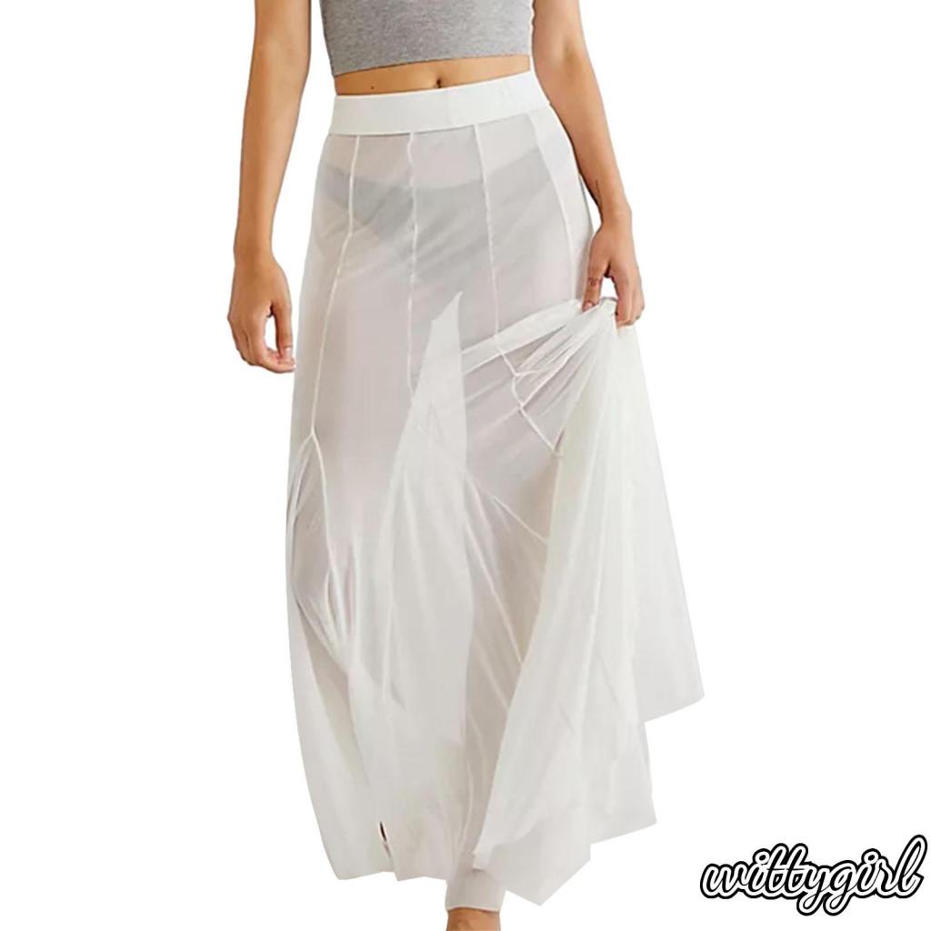 WITTY Women s Sheer Mesh Long Skirts Elastic High Waist Ruffle Hem Flowy Skirts Casual A line Midi Skirts Shopee Philippines