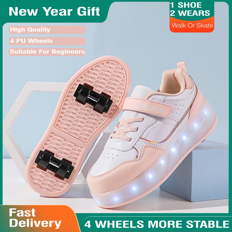 Kids Four Wheels Shoes with Lights Rechargeable Roller Skates Shoes Pink Purple White Retractable Wheels Shoes LED Flashing Sneakers for Unisex Girls Boys Shopee Philippines