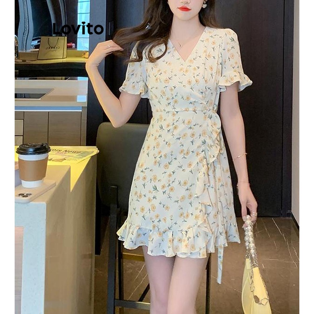 Lovito Women Casual Ditsy Floral Ruffle Neck Dress LNE43278 | Shopee ...