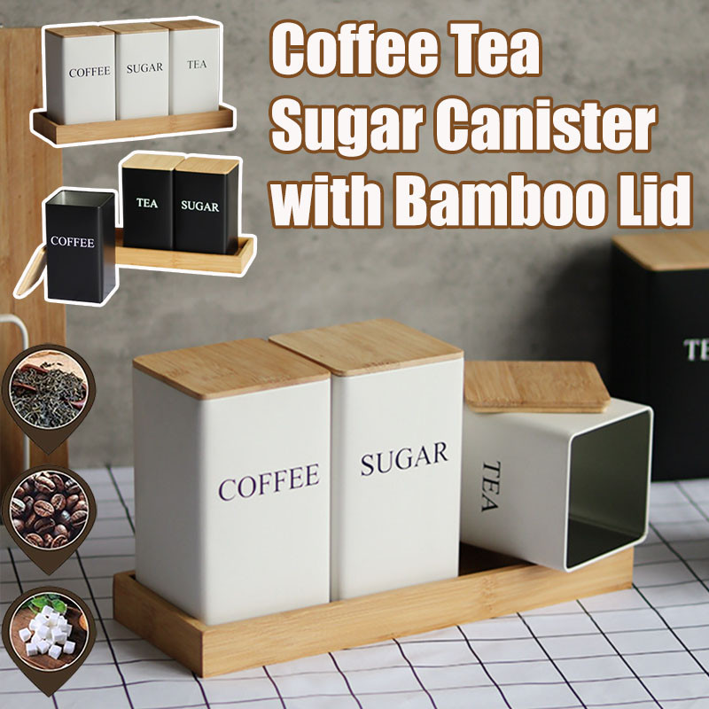 Coffee Tea Sugar Canister with Bamboo Lid Kitchen Canister Set ...