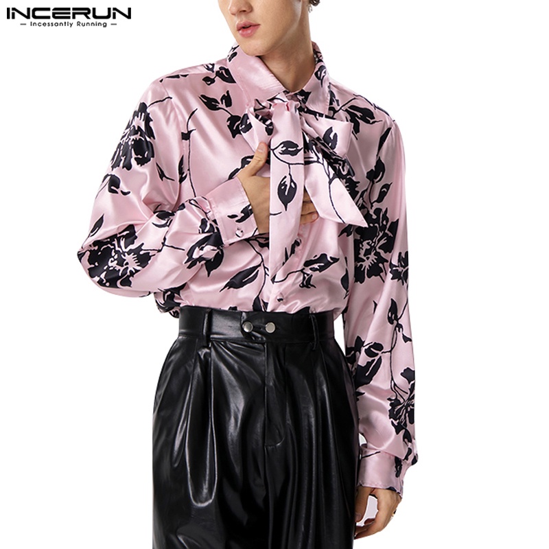 INCERUN Men Vintage Satin Ribbon Print Long Sleeve Turn-Down-Collar ...