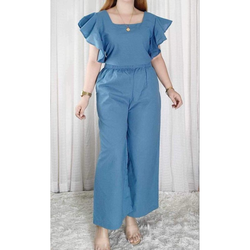 Hera Plain Cotton Linen Ruffles Top Terno High Waist Pants Coords