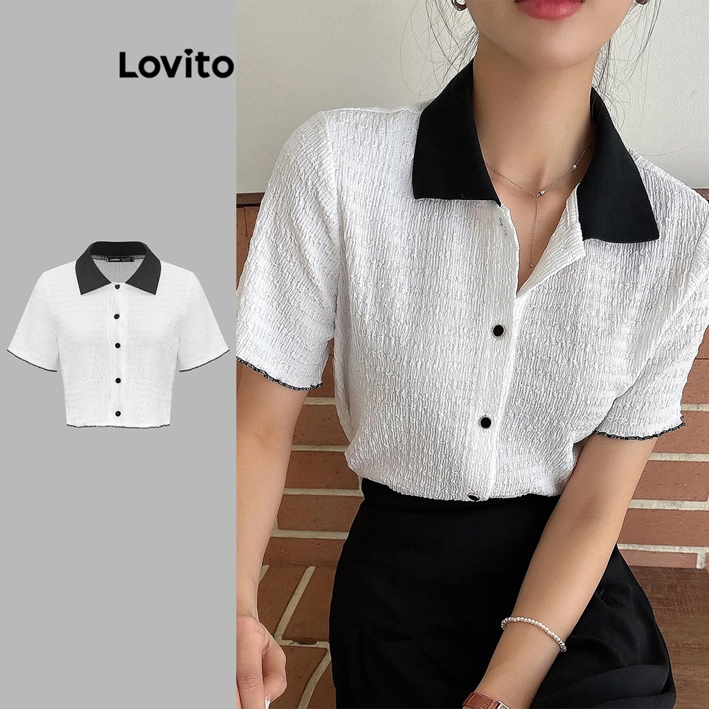 Lovito Women Casual Plain Colorblock Blouses L71ED011 (White) | Shopee ...