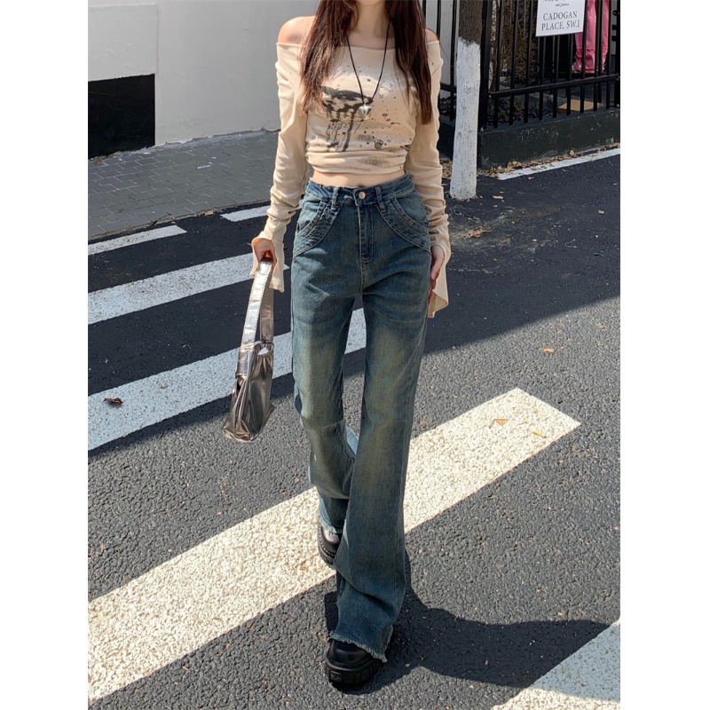 Weilan# Women's Jeans Korean Fashion Bootcut denim Flare Pants Retro High  Waisted Maong Stretch Jeans