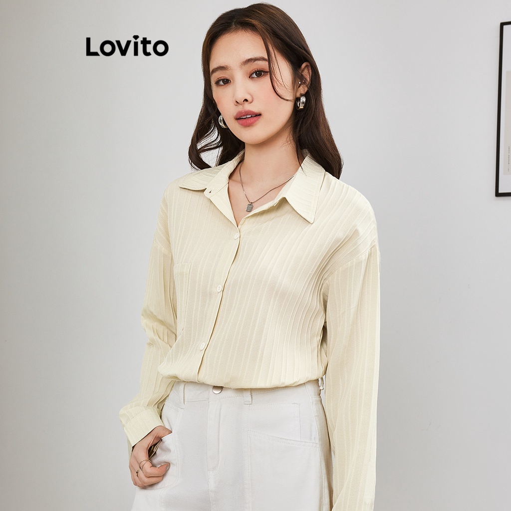 Lovito Women Elegant Plain Button Front Blouse L65ED019 (Apricot ...