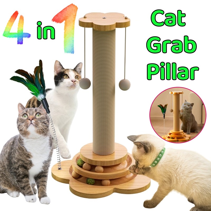 4in1 Solid Wood Cat Scratching Post Natural Sisal Scratcher Interactive