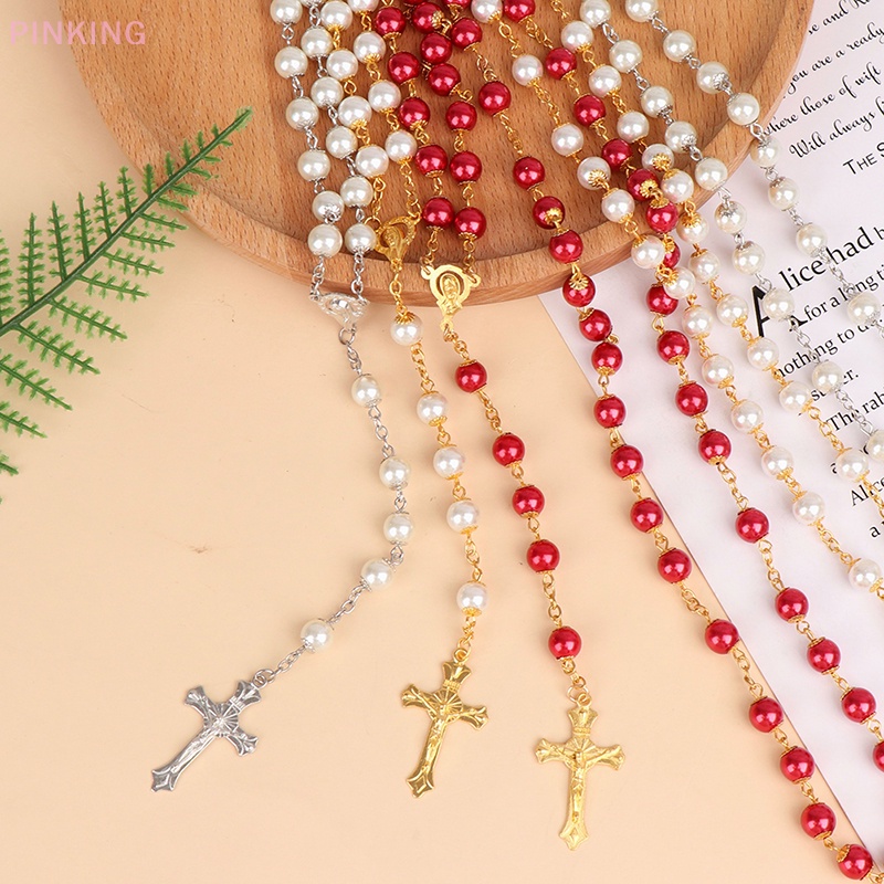PINKING Catholic Pearl Long Chain Cross Necklace Rosary Cross Jesus