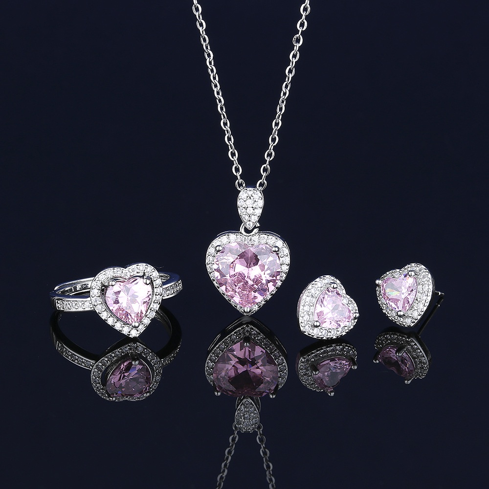 Fashion Pink Crystal Jewelry Set Heart shaped S925 Silver Ring Earring  Necklace Wedding Engagement Bridal Jewelry Set