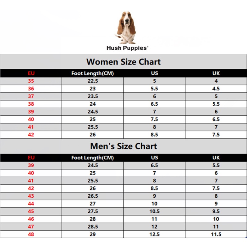 Hush puppies size chart discount