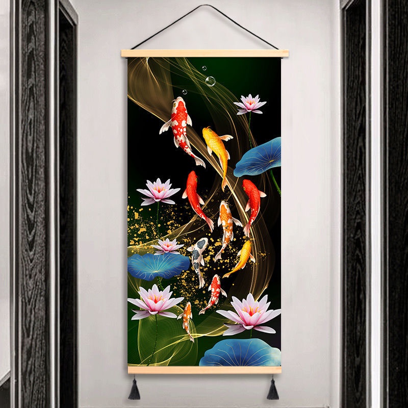 Koi Fish Fengshui Canvas Painting Hanging Wood Scroll Decorative ...