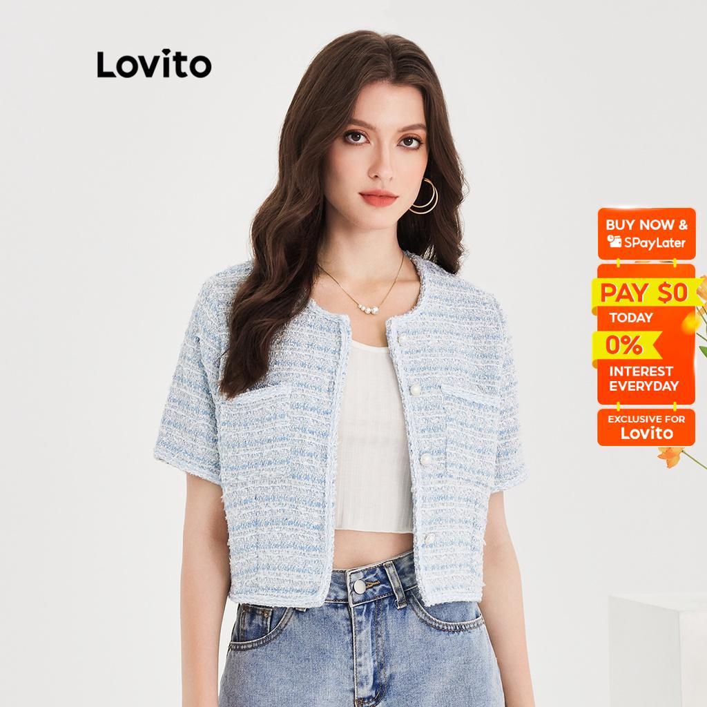 Lovito Elegant Plaid Round Neck Short Sleeves Blazers For Women