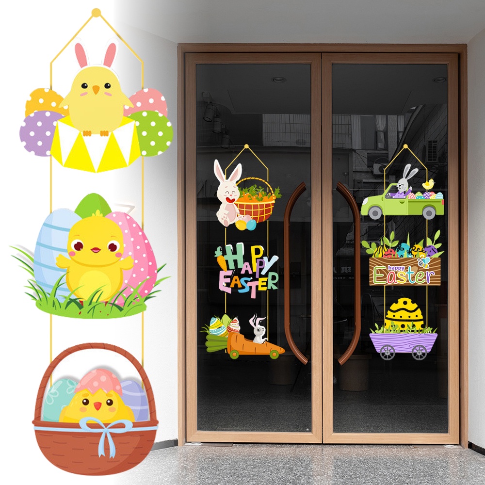 DIY Happy Easter Party Decor / Cartoon Chicken Rabbits Door Pendant ...