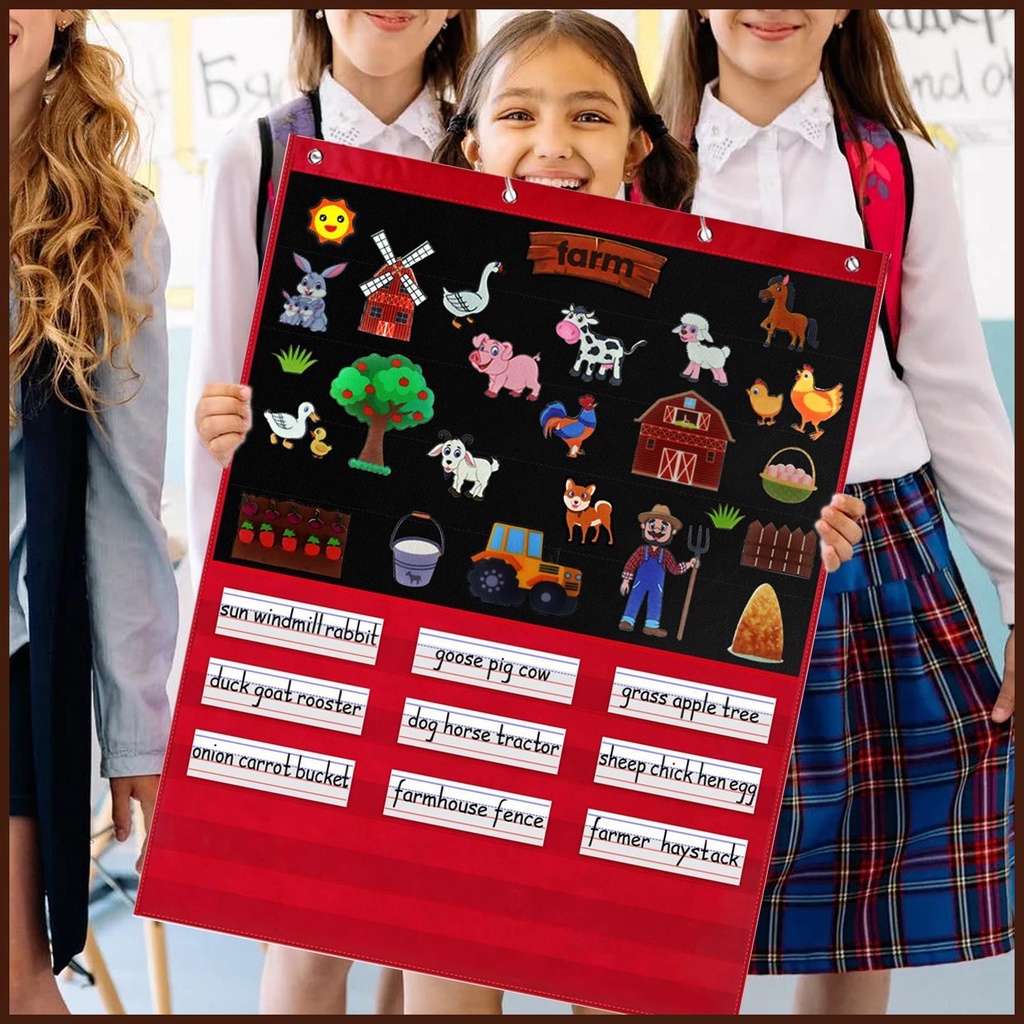 Standard Pocket Chart Hanging Black Pocket Chart with 15 Dry Erase Cards and 50 Stickers