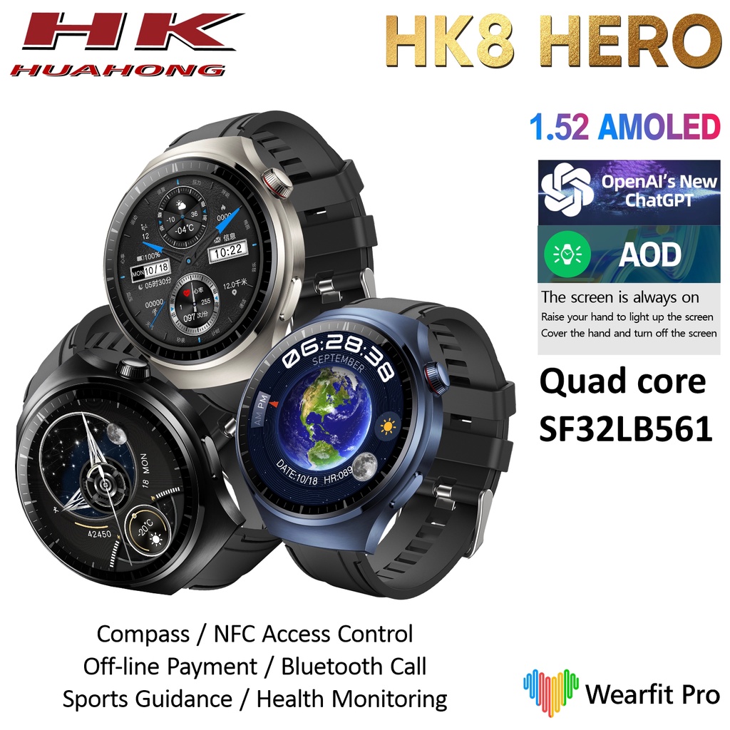 ChatGPT AMOLED HK8 Hero Smart Watch Men Compass NFC Bluetooth Call Play ...