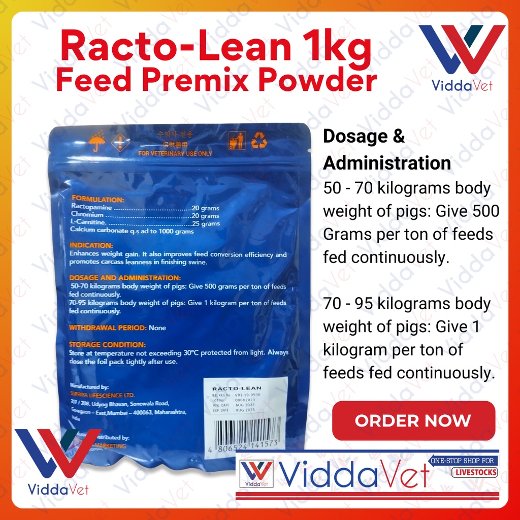 1kilo Viddavet Racto Lean enhance weight gain improve carcass for pigs ...