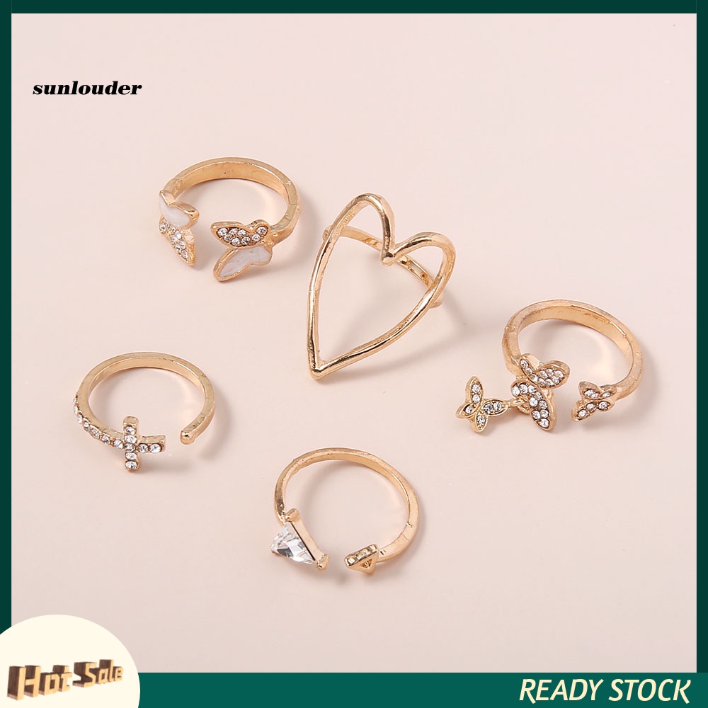 SL Sparkling Butterfly Ring Set 5 Piece Joint Rings with Full Drip Oil