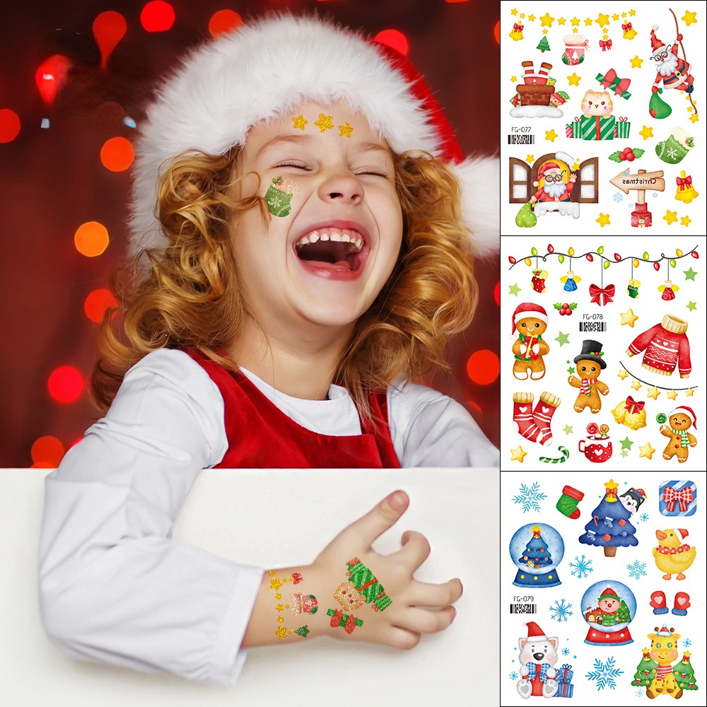 Cute Christmas Tattoo Stickers Waterproof Children's Cartoon Glitter ...