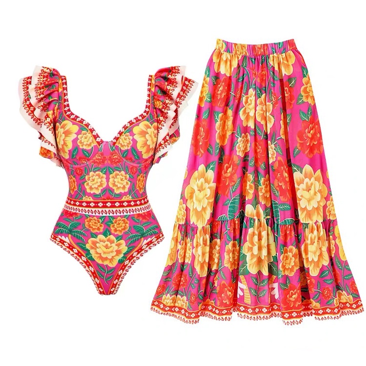 Floral One Piece Swimsuit With Skirt Cover Up For Women Beach