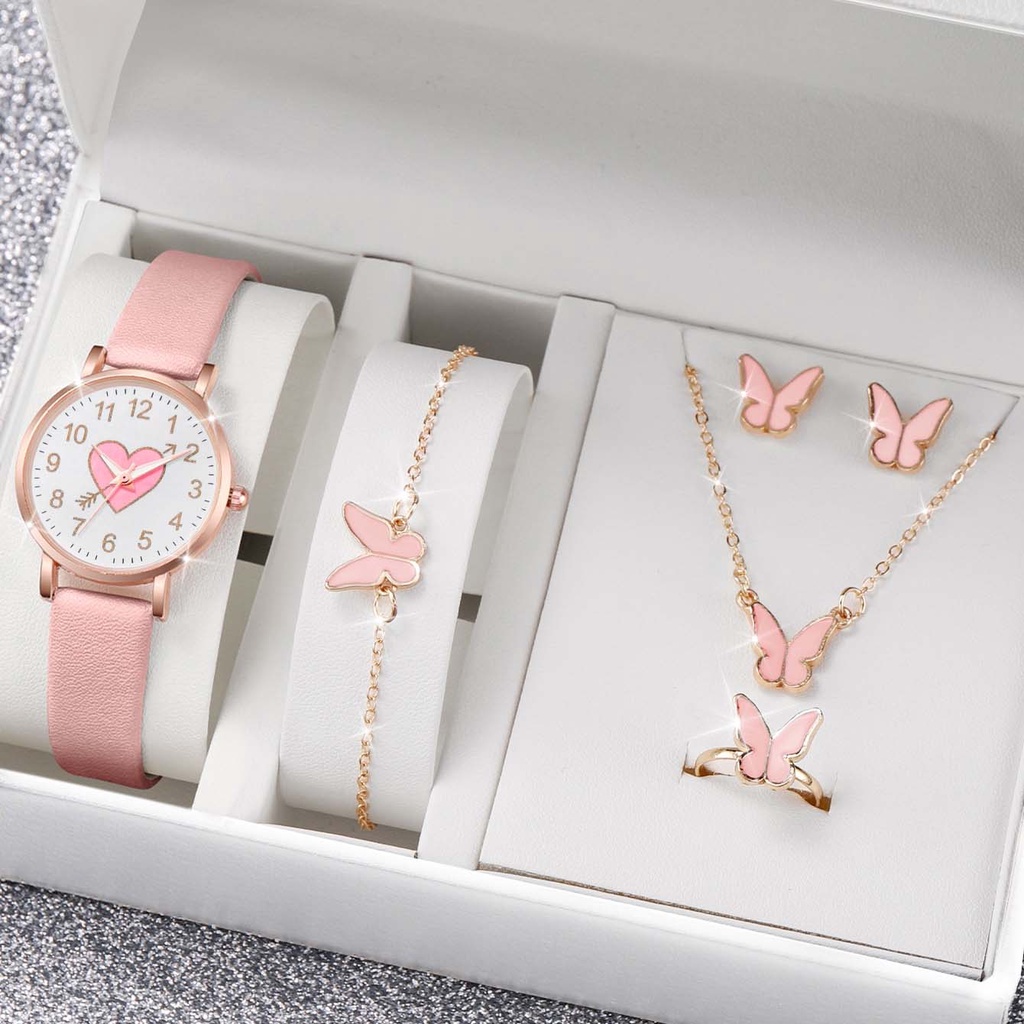 6PCS Women's Simple PU Strap Quartz Watch Digital Scale Heart Dial ...