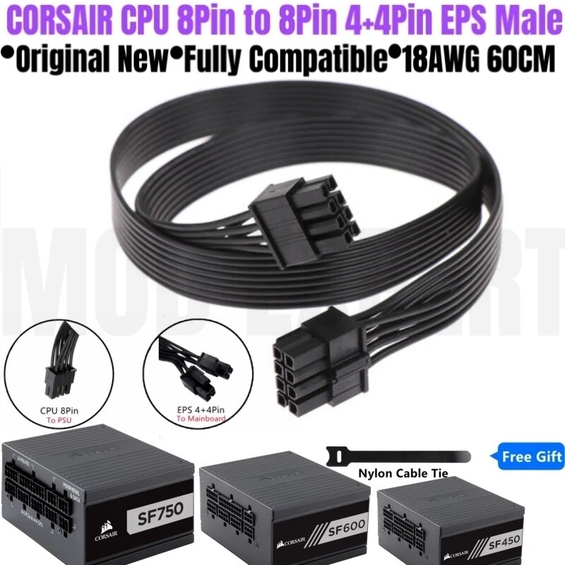 Genuine CORSAIR CPU Power Cable PSU 8Pin to 8Pin EPS 4+4Pin Male 12V