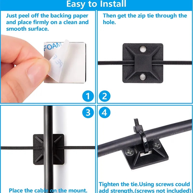 Cable Tie Bases Mount 3M Glue Wire Removable Self Adhesive Wall Holder ...