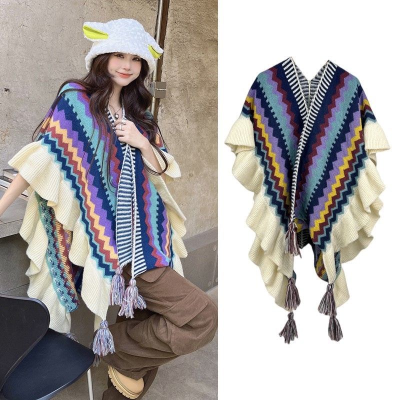 Exotic cape ethnic style sweater tassel jacket irregular cardigan tops ...