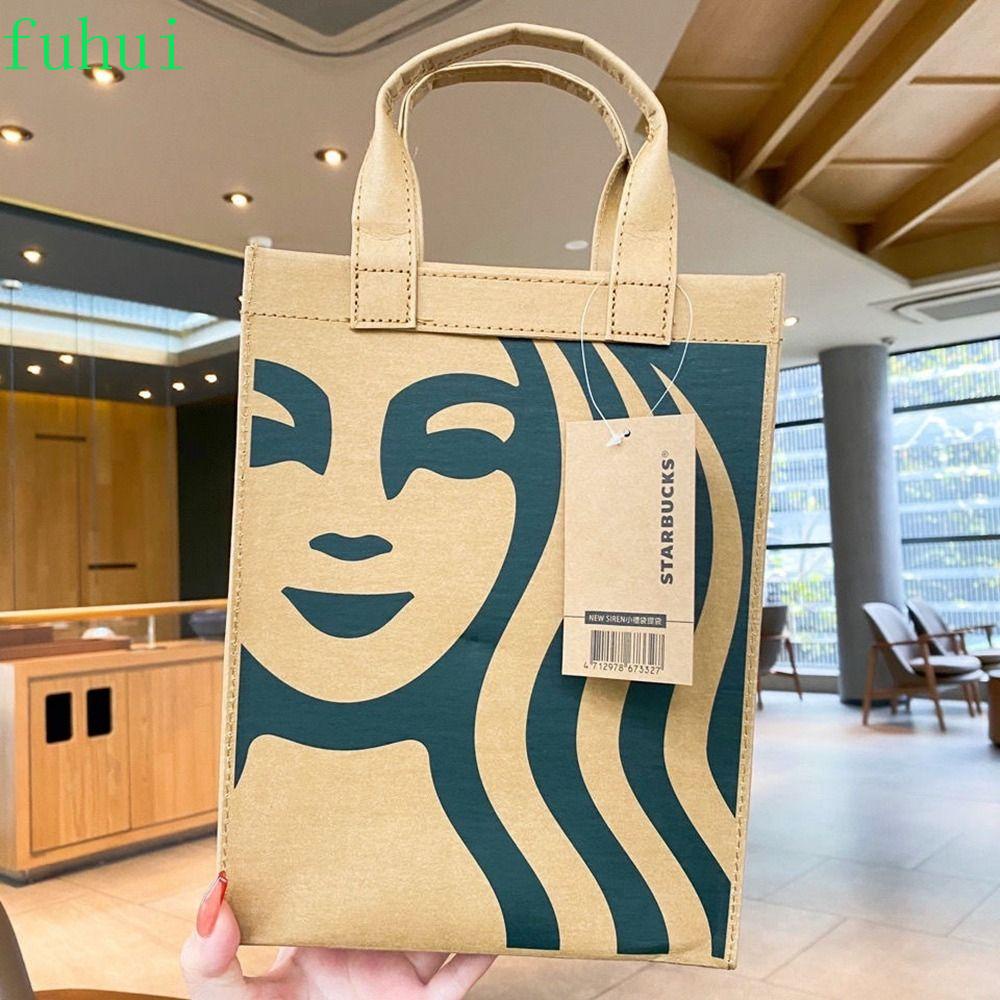 FUHUI Starbucks Canvas Bag, Printed Coffee Bag Kraft Pape Pouch, Casual