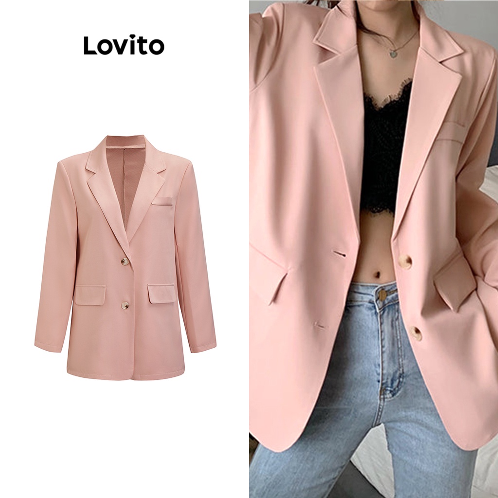Lovito Women Casual Plain Oversized Shoulder Pads Blazer L71ED079