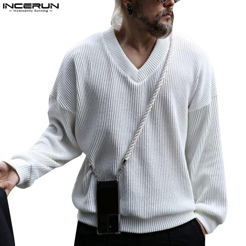 Incerun Men Vintage Solid Colour V Neck Loose Fashion Long Sleeve